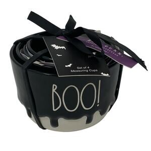 Rae Dunn By Magenta Halloween BOO Black White Ceramic Measuring Cups Set